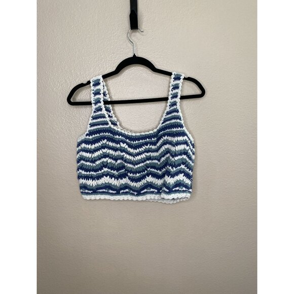 Lucky Brand Crop Tank Top Womans Blue and White Medium Cotton Knit - Picture 1 of 6